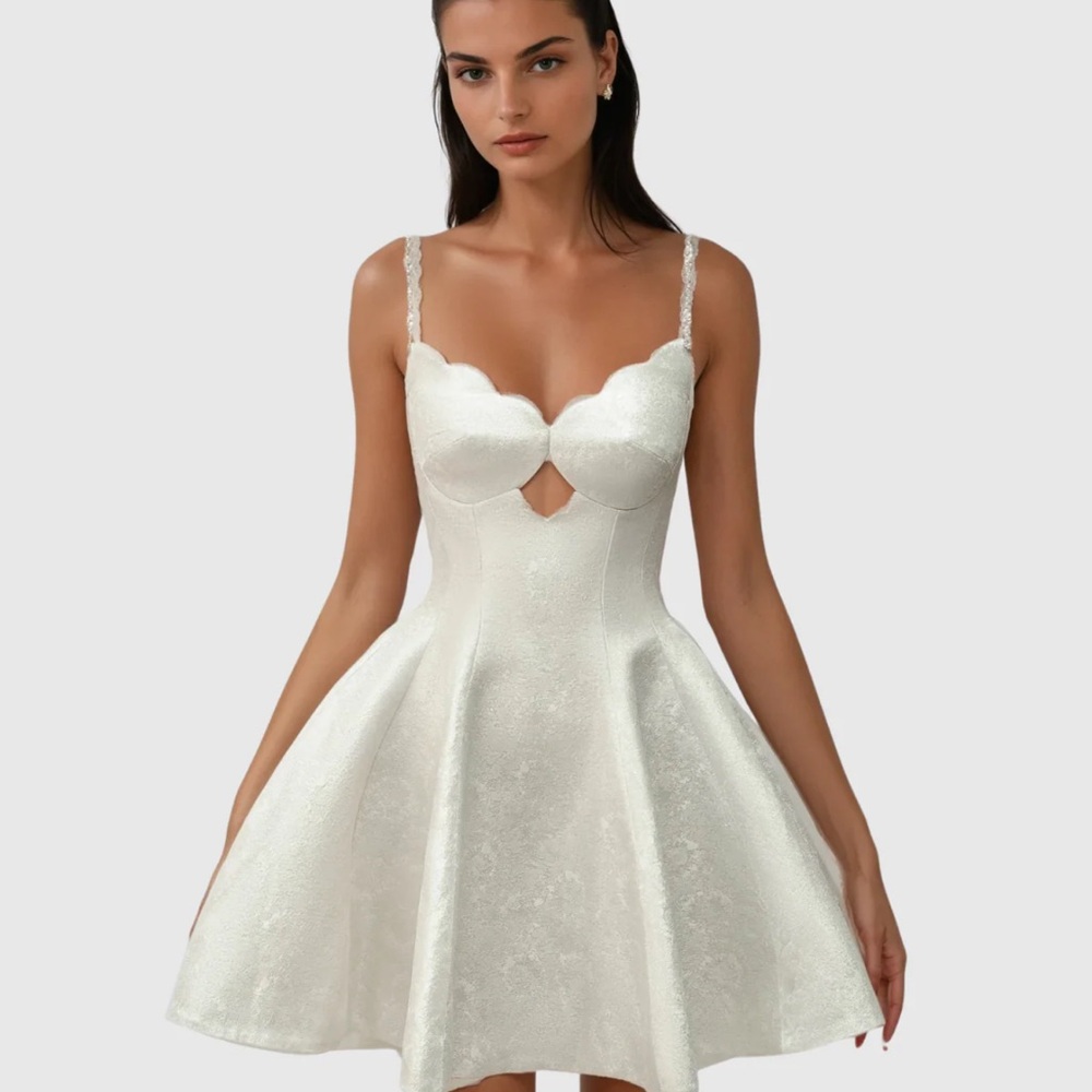 Chic White Scalloped Mini Dress - Picture 2 of 4